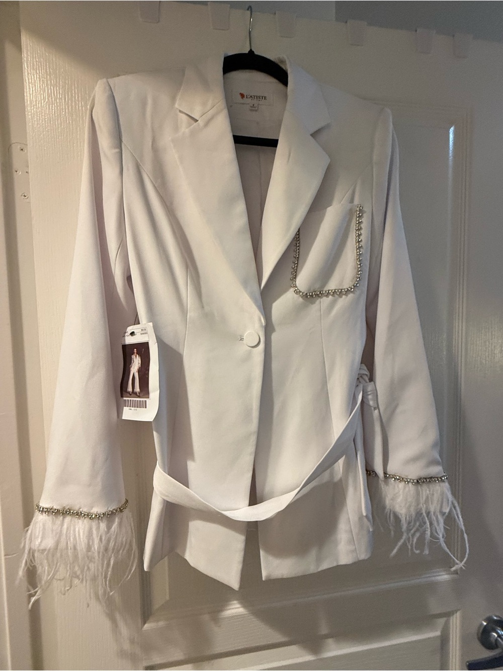 White Feather-Trim Crystal-Edge Blazer